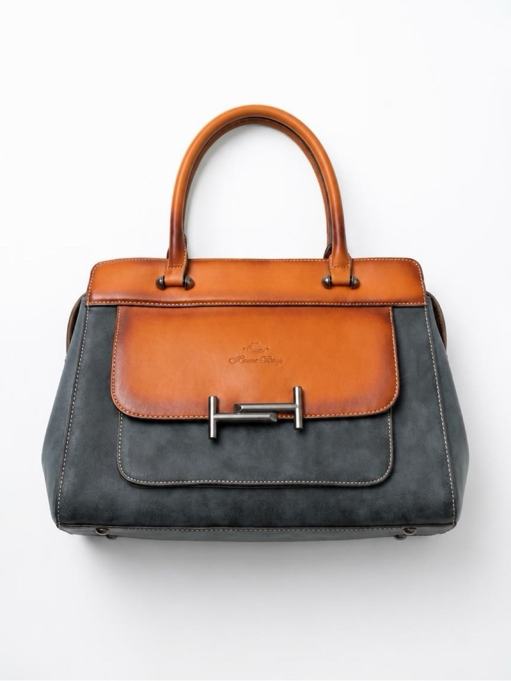 Vintage Two-Tone Gray & Tan Leather Satchel